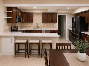 kitchen with peninsula, new quartz countertops